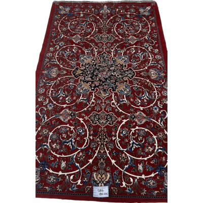  "Exquisite Isfahan Persian rug by master weaver Bagher Seirafian. Measuring 189 x 105 cm (approximately 6.2 x 3.4 feet) with a thickness of 5 mm and a remarkable knot density of 1,210,000 knots per square meter. This handcrafted masterpiece features intricate floral designs on a deep red background, with a luxurious wool and silk pile and a silk warp. This new rug from Isfahan, Iran, weighs 5 kg and is an exclusive piece."