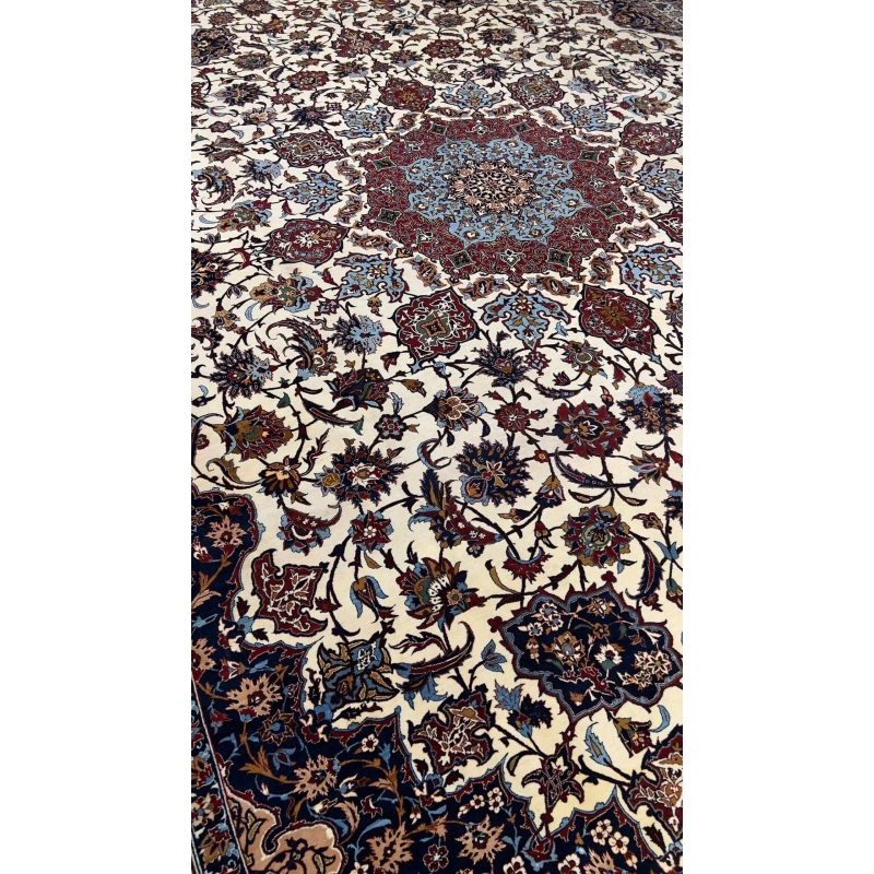 "Luxurious Seirafian Persian carpet made with silk warp and wool-silk pile, measuring 13x9.8 feet."