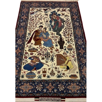 Front view of a handwoven Seirafian Persian Pictorial rug, crafted by Hassan Seirafian with silk and wool.
