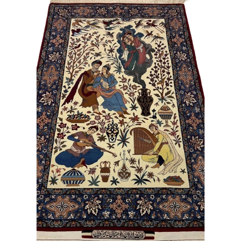 Front view of a handwoven Seirafian Persian Pictorial rug, crafted by Hassan Seirafian with silk and wool.