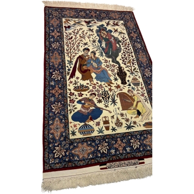 Detailed view of motifs on a silk and wool Hassan Seirafian rug, featuring natural-dyed colors.