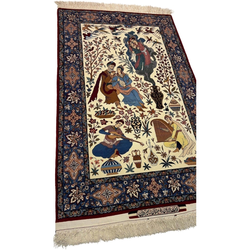 Detailed view of motifs on a silk and wool Hassan Seirafian rug, featuring natural-dyed colors.