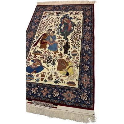 Close-up of the intricate pictorial design on a Seirafian rug, highlighting fine hand-knotted details.