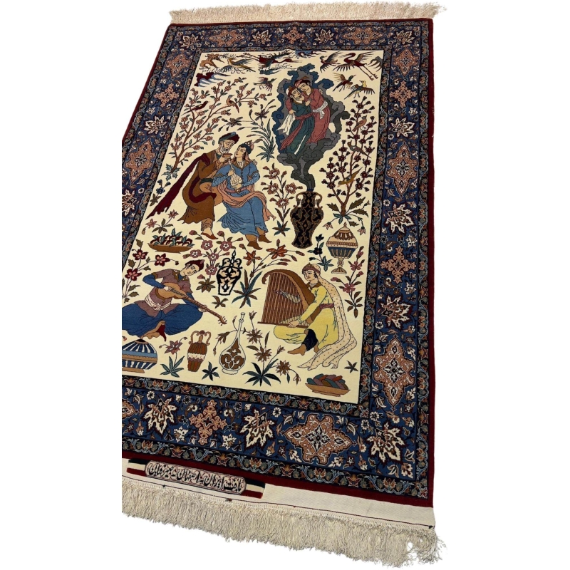 Close-up of the intricate pictorial design on a Seirafian rug, highlighting fine hand-knotted details.