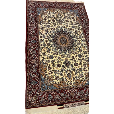"Detailed Persian Seirafian rug with a classic medallion design, crafted from naturally dyed wool and silk by Master Ahmad Seirafian."