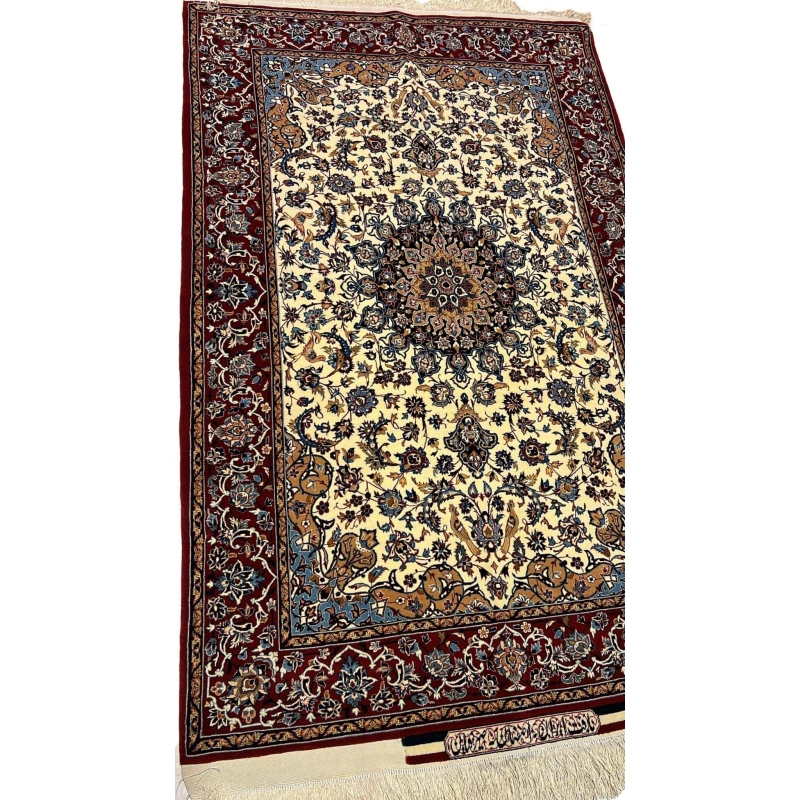 "Detailed Persian Seirafian rug with a classic medallion design, crafted from naturally dyed wool and silk by Master Ahmad Seirafian."