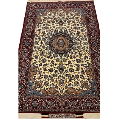 "Hand-knotted Seirafian Persian rug by Master Ahmad Seirafian, featuring intricate floral and medallion designs in wool and silk."

