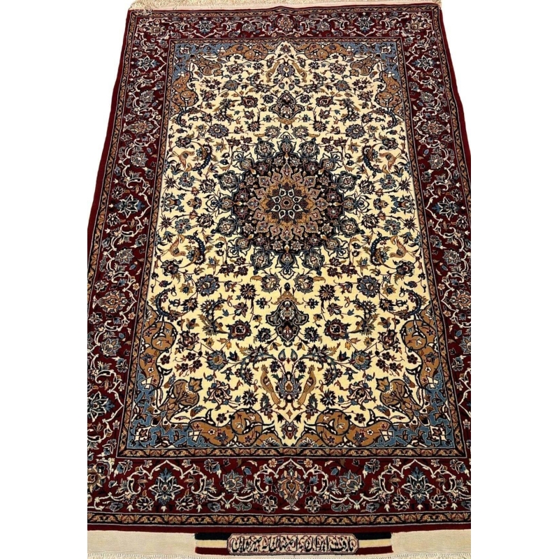 "Hand-knotted Seirafian Persian rug by Master Ahmad Seirafian, featuring intricate floral and medallion designs in wool and silk."