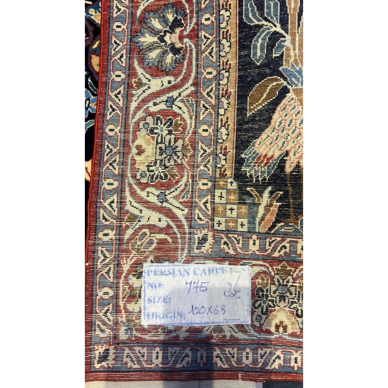 Backside of a Luxury Seirafian Navy Blue Rug, Showing Detailed Weaving and High Knot Density