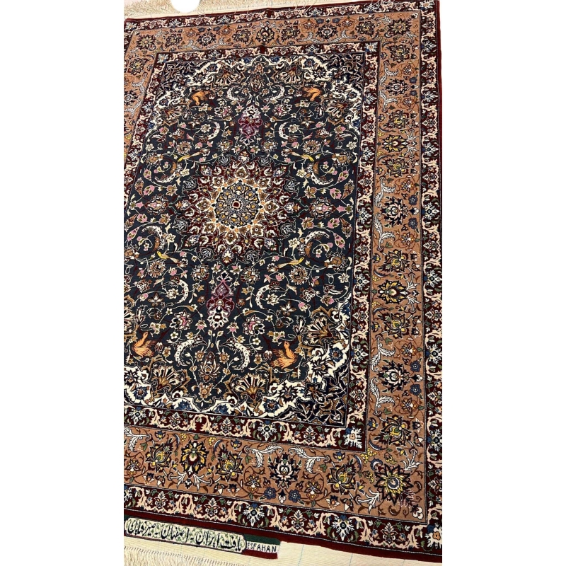 "Luxury Persian rug by Master Hassan Seirafian, crafted from wool and silk with natural dyes, displaying exquisite craftsmanship."