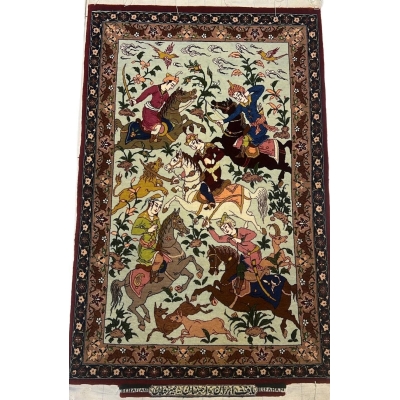 Front view of Authentic 2 x 3 Green Seirafian Persian Hunting Rug showcasing intricate designs.