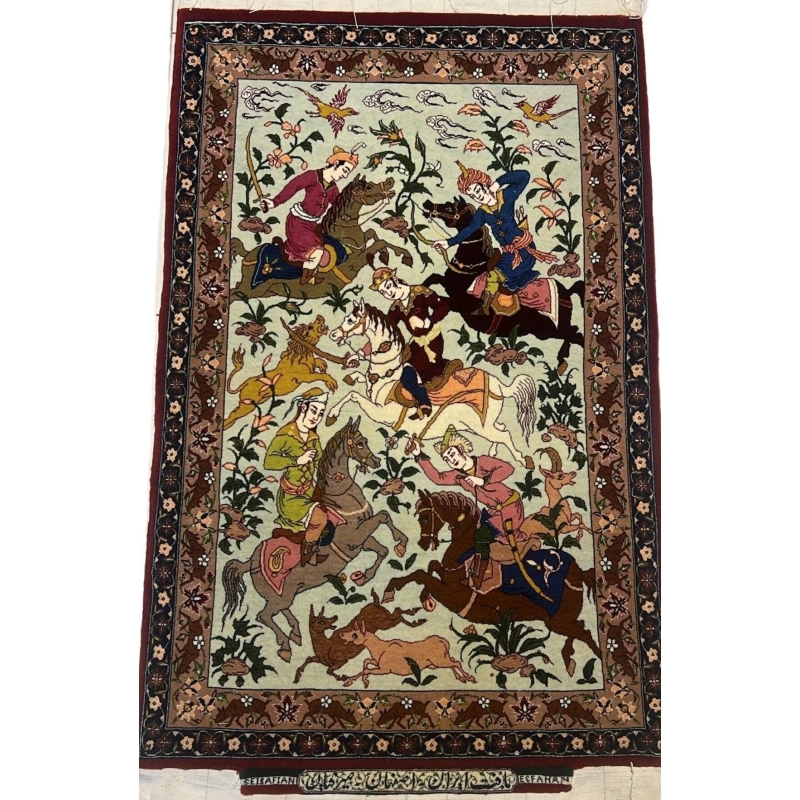 Front view of Authentic 2 x 3 Green Seirafian Persian Hunting Rug showcasing intricate designs.