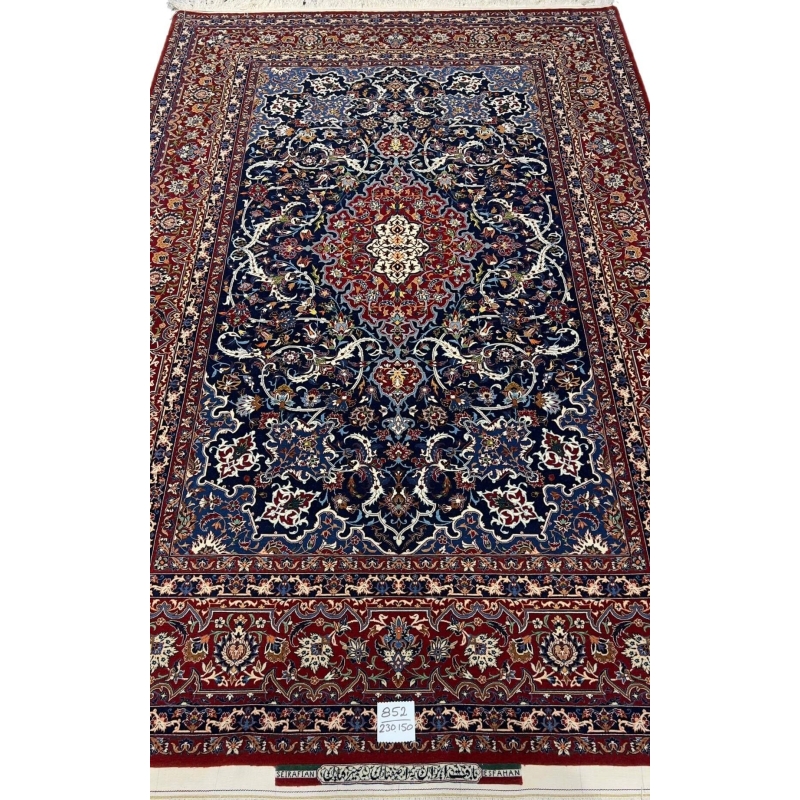 "Hand-knotted Isfahan rug by Master Bagher Seirafian with intricate floral and medallion patterns."