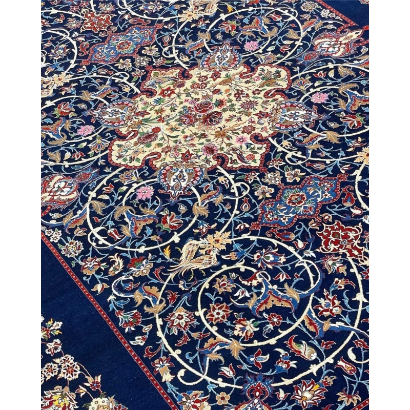 "Luxury navy blue Persian rug featuring intricate floral and arabesque patterns."