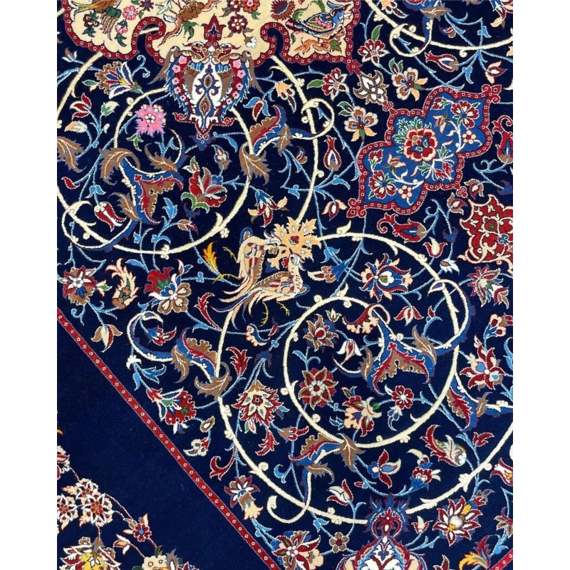 "High-knot-density Persian rug with navy field and detailed borders."