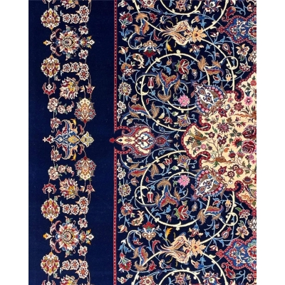 "Close-up of floral details on a silk and wool Seirafian Persian rug."
