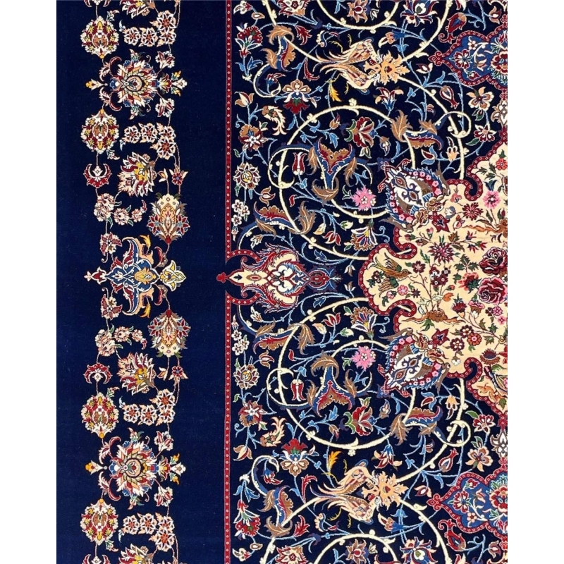 "Close-up of floral details on a silk and wool Seirafian Persian rug."