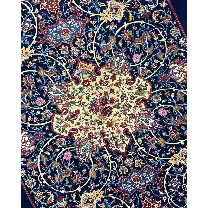 "Elegant Seirafian rug in navy blue with traditional Persian design."