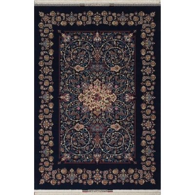 "Master Bagher Seirafian navy blue Persian rug with floral medallion design."
