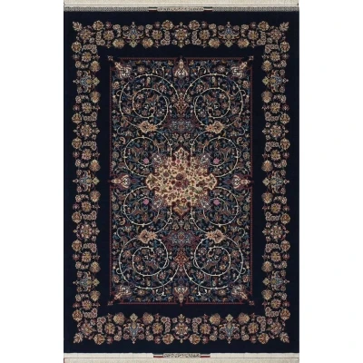 "Master Bagher Seirafian navy blue Persian rug with floral medallion design."
