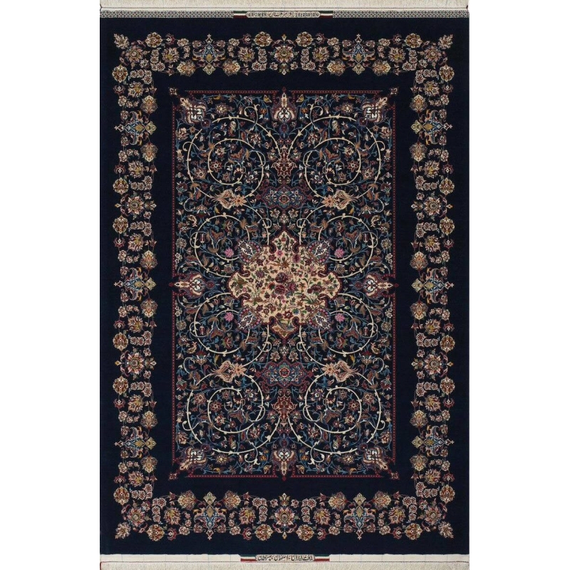 "Master Bagher Seirafian navy blue Persian rug with floral medallion design."