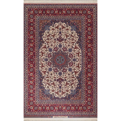 Exquisite Isfahan rug hand-knotted by Grand Master Karim Seirafian, showcasing intricate floral designs in red, blue, and ivory tones.
