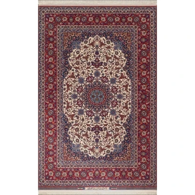 Exquisite Isfahan rug hand-knotted by Grand Master Karim Seirafian, showcasing intricate floral designs in red, blue, and ivory tones.
