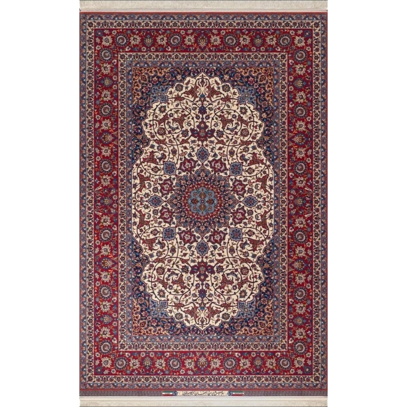 Exquisite Isfahan rug hand-knotted by Grand Master Karim Seirafian, showcasing intricate floral designs in red, blue, and ivory tones.