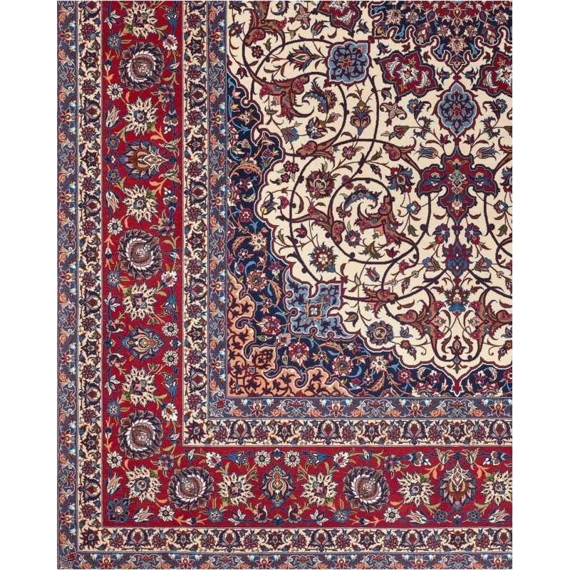 Large handwoven Seirafian carpet with a flawless combination of vibrant red borders and a detailed ivory center.