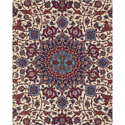 Authentic Isfahan rug featuring traditional Persian artistry, meticulously knotted with silk and wool fibers.