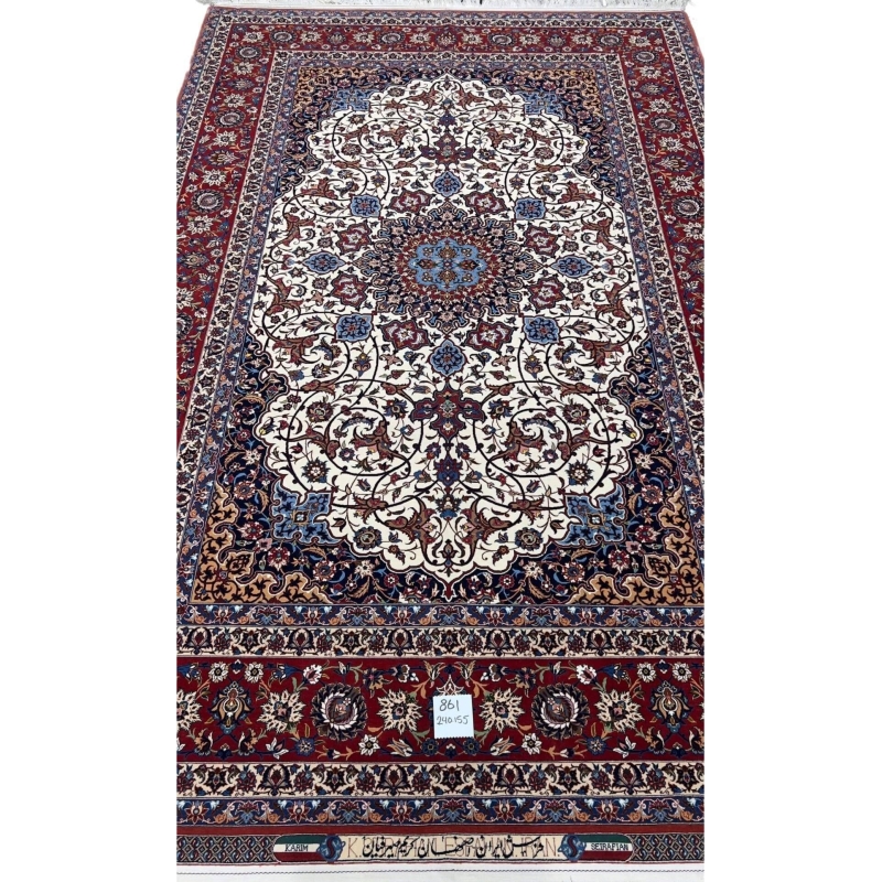 An elegant hand-knotted 5 x 7 red and beige Seirafian Persian rug from Isfahan, crafted by Grand Master Karim Seirafian with intricate patterns and rich detailing.