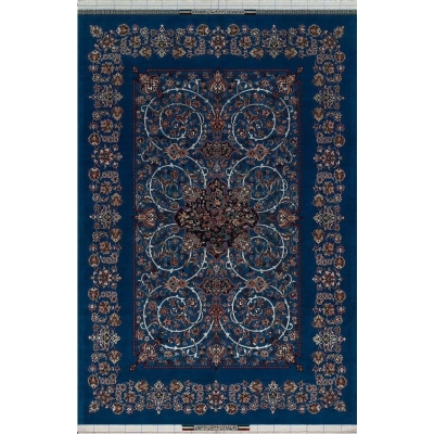 Handmade Persian rug by Bagher Seirafian in navy blue with intricate floral medallion design.
