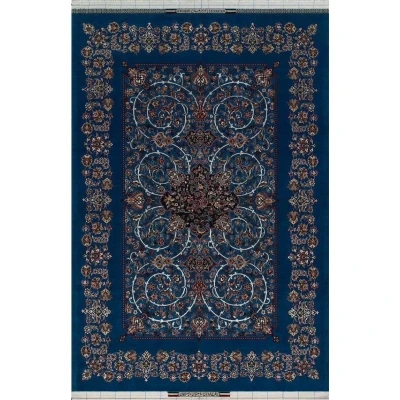 Handmade Persian rug by Bagher Seirafian in navy blue with intricate floral medallion design.
