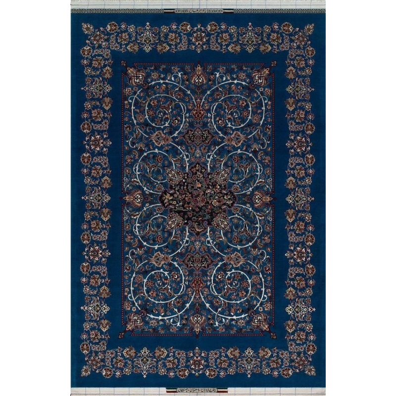 Handmade Persian rug by Bagher Seirafian in navy blue with intricate floral medallion design.