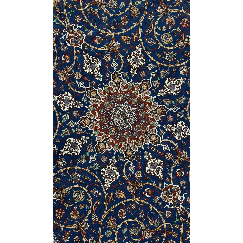 "Close-up of intricate paisley and floral motifs on a silk and wool Persian rug."