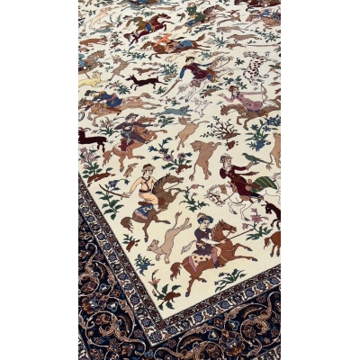 "Luxurious wool and silk Isfahan rug showcasing a traditional hunting scene."