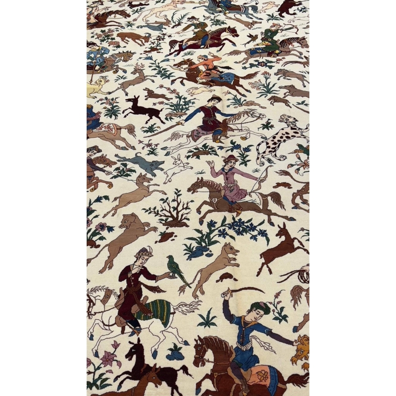 "Traditional hunting scene area rug, handmade by Master Hassan Seirafian."