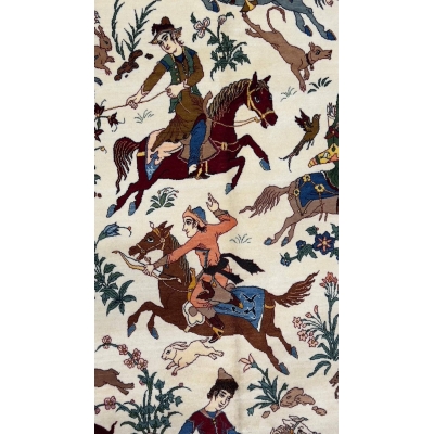 "Elegant Seirafian rug with intricate horse riders and wildlife depictions."