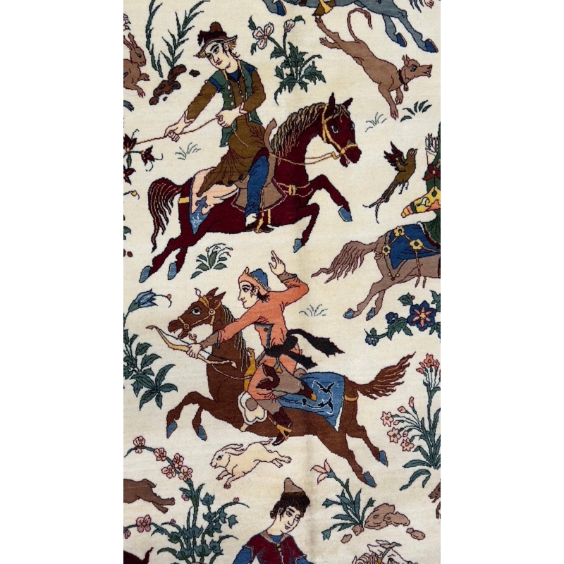 "Elegant Seirafian rug with intricate horse riders and wildlife depictions."