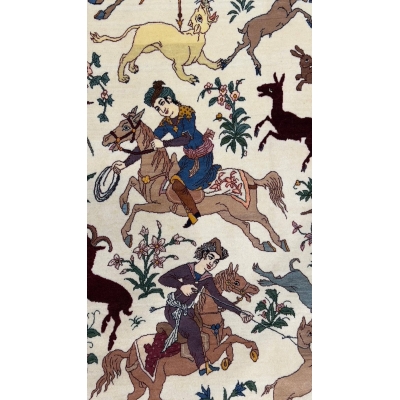 "Luxury Persian hunting scene carpet, perfect for living rooms or study spaces."