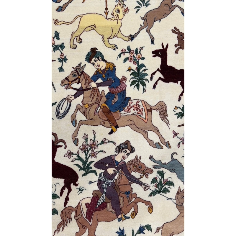 "Luxury Persian hunting scene carpet, perfect for living rooms or study spaces."
