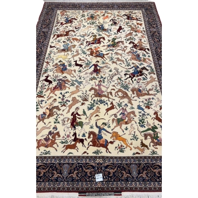 "Cream background Persian rug featuring vibrant hunting motifs and horseback riders."