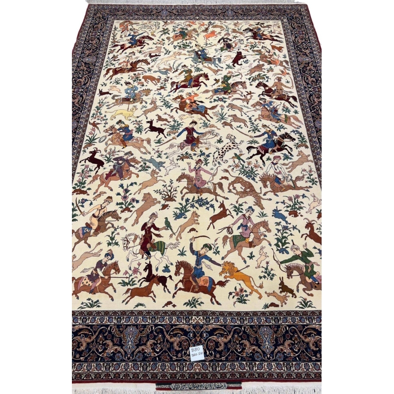 "Cream background Persian rug featuring vibrant hunting motifs and horseback riders."