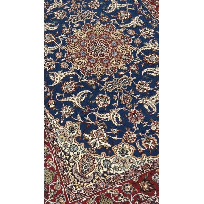 High-quality Seirafian carpet in bold blue and red tones for elegant decor.