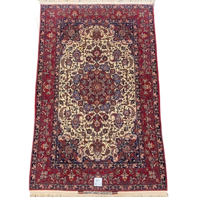 Decorative Seirafian rug, handwoven with natural dyes and silk accents.
