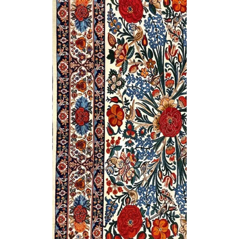 Wool and silk Persian rug featuring intricate floral designs and traditional craftsmanship.