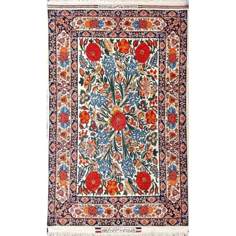 Elegant Seirafian floral rug with a silk warp and exquisite hand-knotted artistry.