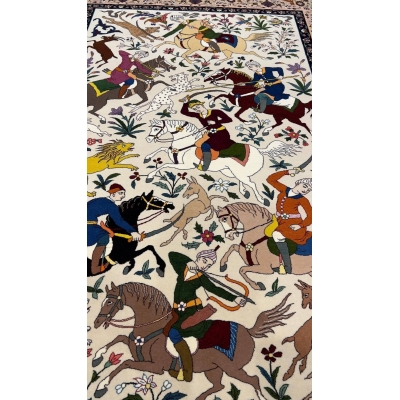Collectible Isfahan rug by Hassan Seirafian with hunting scene and natural colors.