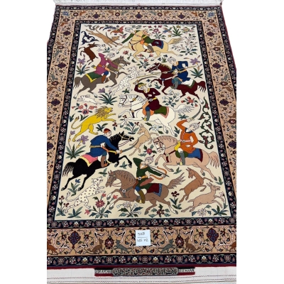 Hand-knotted Persian rug featuring a vibrant hunting scene design by Master Hassan Seirafian.
