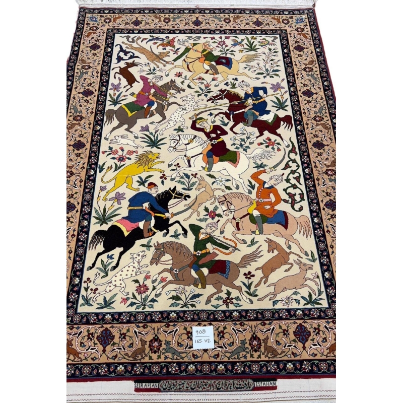 Hand-knotted Persian rug featuring a vibrant hunting scene design by Master Hassan Seirafian.